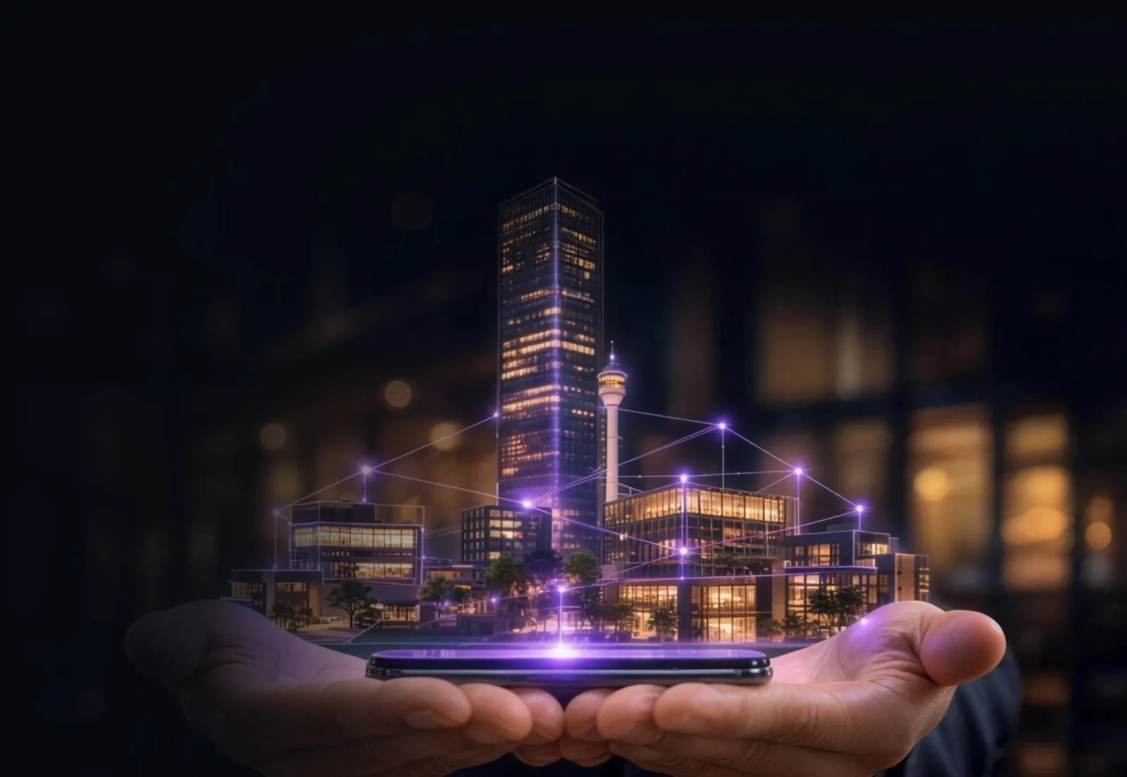 A hand holding a phone with a connected, illuminated property development rising from it