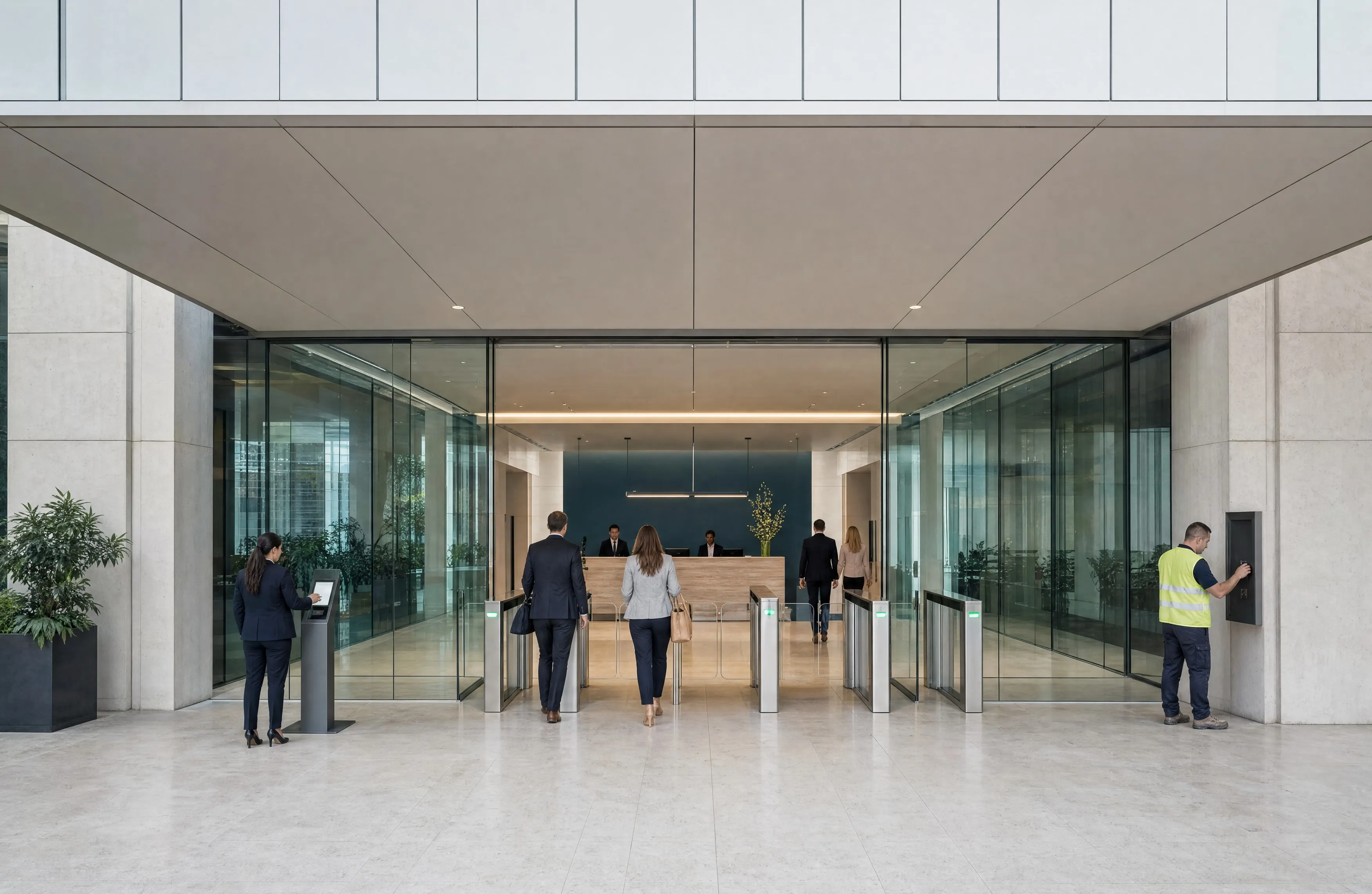 A building lobby with turnstile access gates, a visitor kiosk and a staffed reception desk